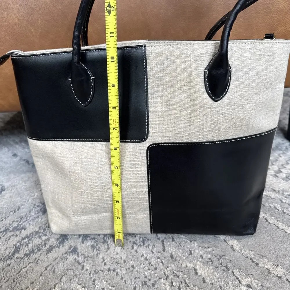 Vtg Y2K Etienne Aigner Southport Linen Satchel Bag Black Leather Panel Purse
